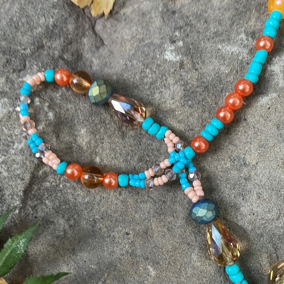 Handmade Boho Necklace Leaf Centre & Peach & Turquoise Beads & Matching Earrings - Picture 10 of 12